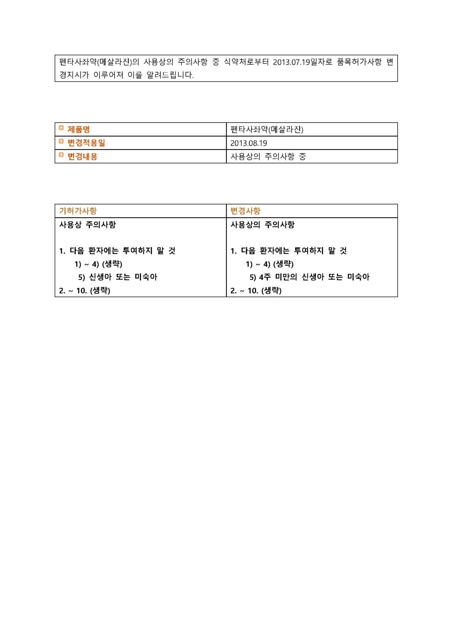 펜타사좌약(메살라진) 변경일 2013.08.19